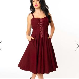 Unique Vintage Burgundy corset Raelynn swing dress, rockabilly